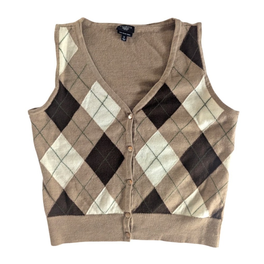 TALBOTS Brown/Cream ARGYLE SWEATER VEST Italian Merino Wool Cardigan PL L-P LP